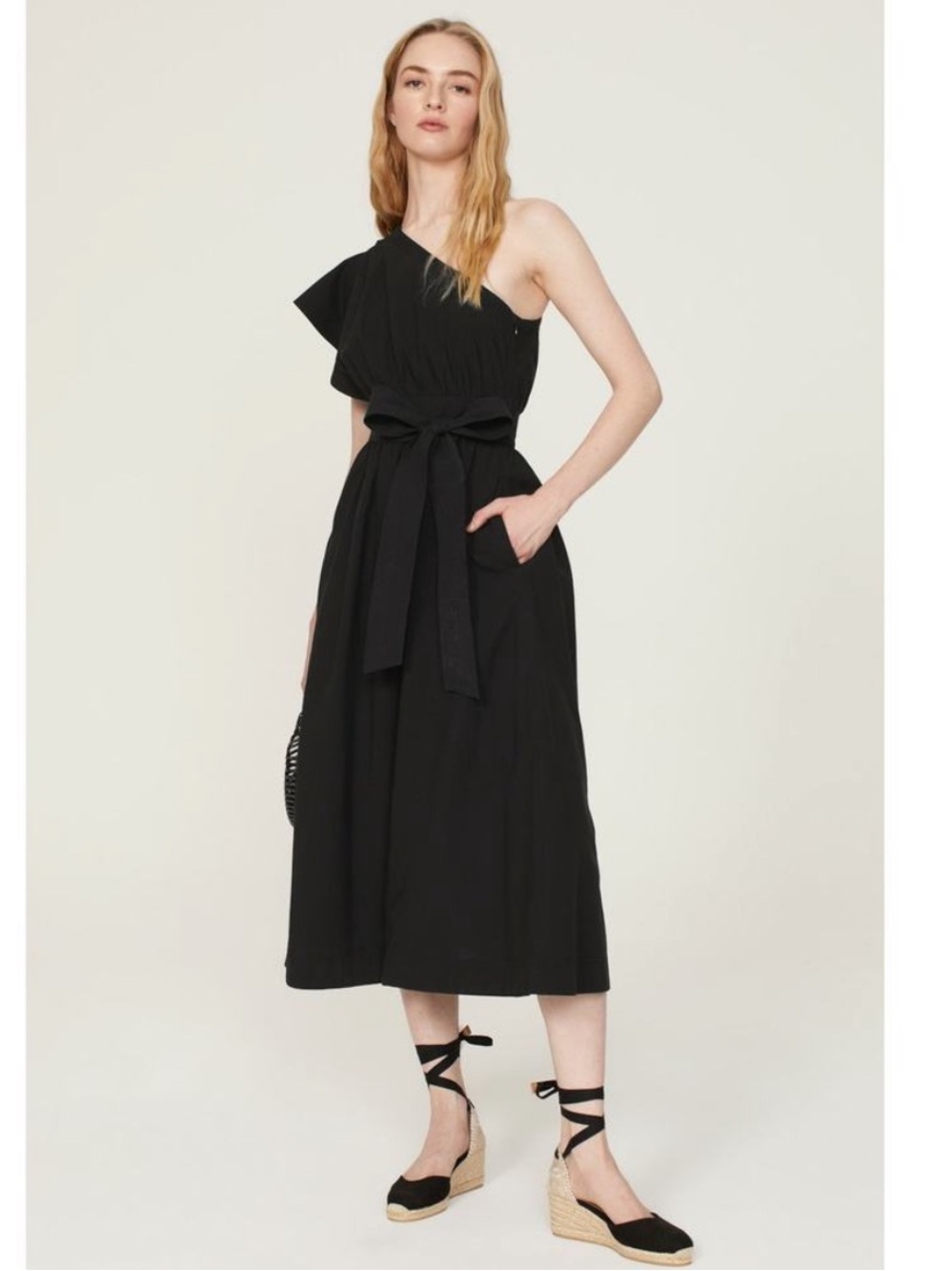Madewell Black One Shoulder Ruffle Midi Dress Tie Waist Pockets 10